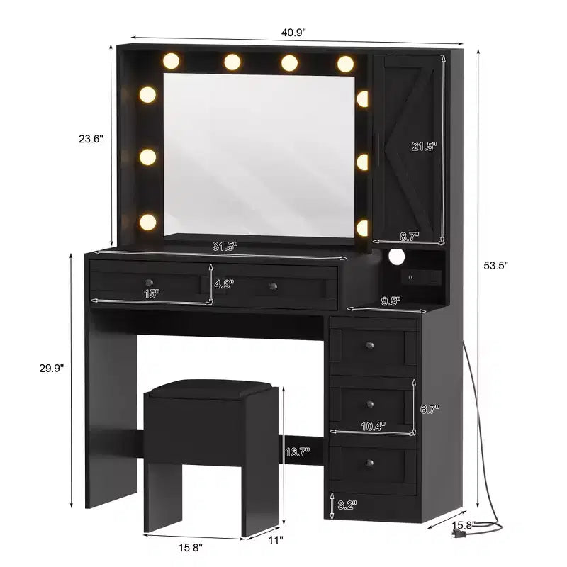 Coiffeuse de Maquillage, Table de Maquillage pour Adulte, Coiffeuse avec Lumières, Station de Recharge, Tiroirs, pour Salle de Bain, Chambre à Coucher