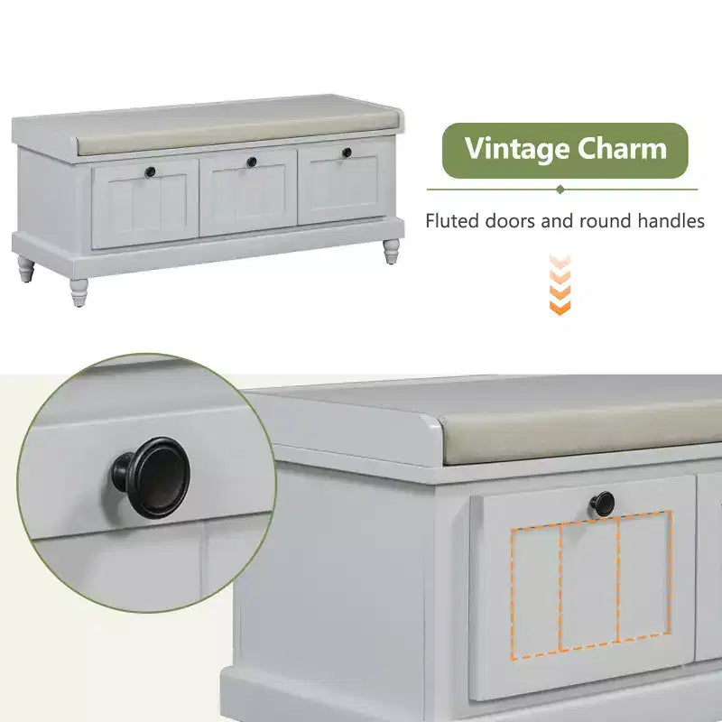 Banc de rangement classique Whisen avec siège capitonné et trois tiroirs