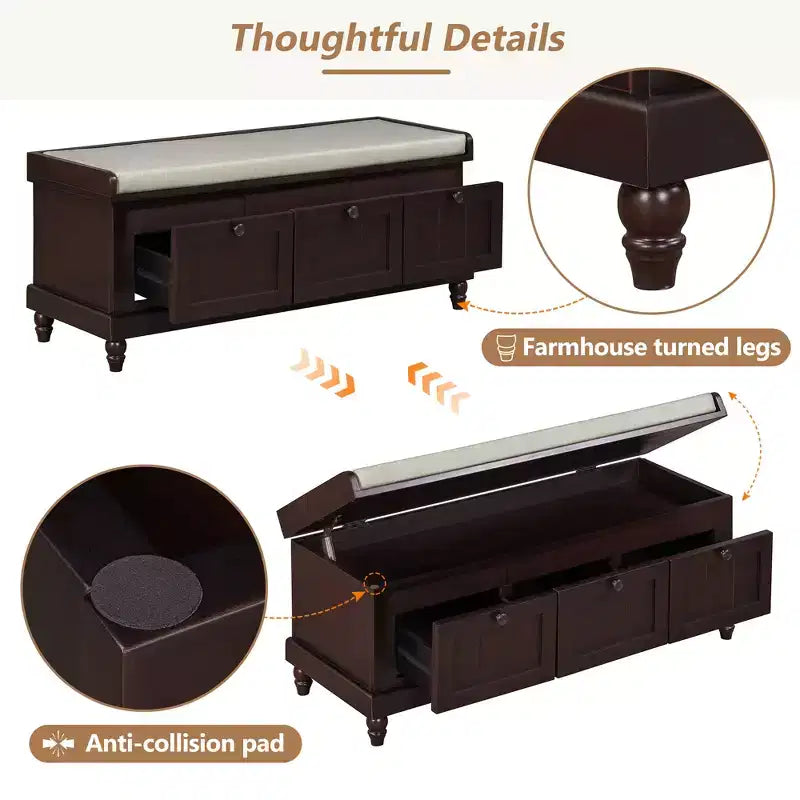 Banc de rangement classique Whisen avec siège capitonné et trois tiroirs