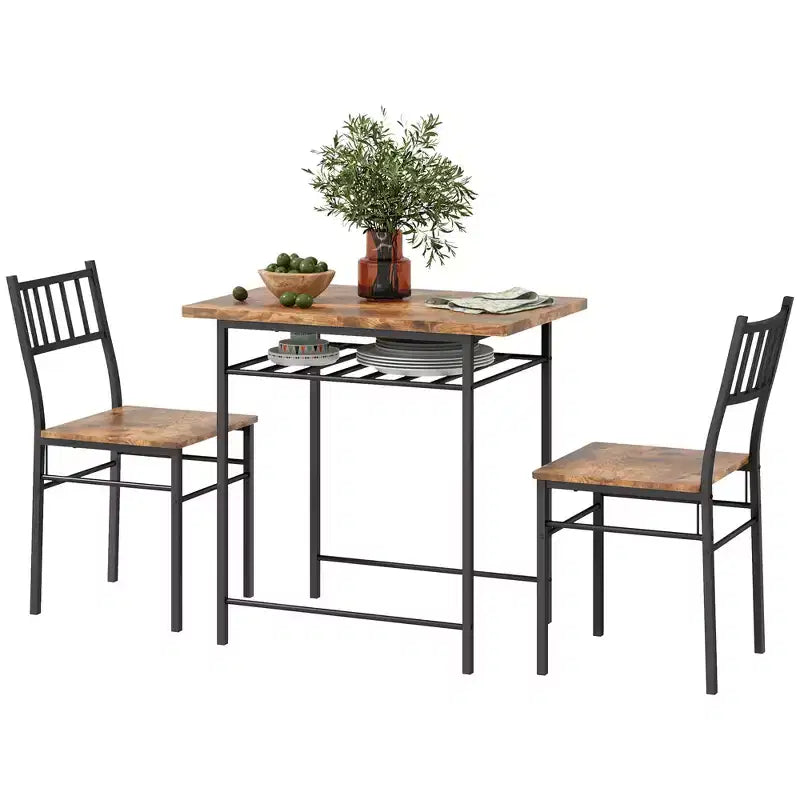 HOMCOM Ensemble de salle à manger 3 pièces, Table et chaises de cuisine avec étagère de rangement intégrée et cadre en acier