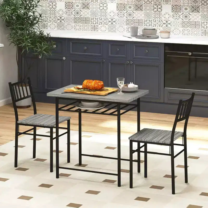 HOMCOM Ensemble de salle à manger 3 pièces, Table et chaises de cuisine avec étagère de rangement intégrée et cadre en acier