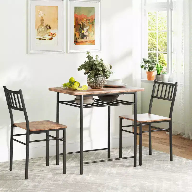 HOMCOM Ensemble de salle à manger 3 pièces, Table et chaises de cuisine avec étagère de rangement intégrée et cadre en acier
