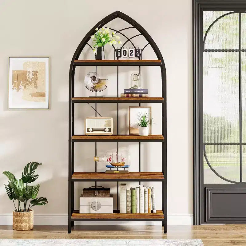 Étagère Lantine à 5 niveaux, bibliothèque haute de 190 cm, étagère de présentation industrielle incurvée autoportante pour le salon, le bureau à domicile