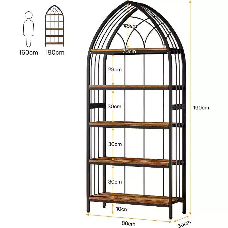 Étagère Lantine à 5 niveaux, bibliothèque haute de 190 cm, étagère de présentation industrielle incurvée autoportante pour le salon, le bureau à domicile