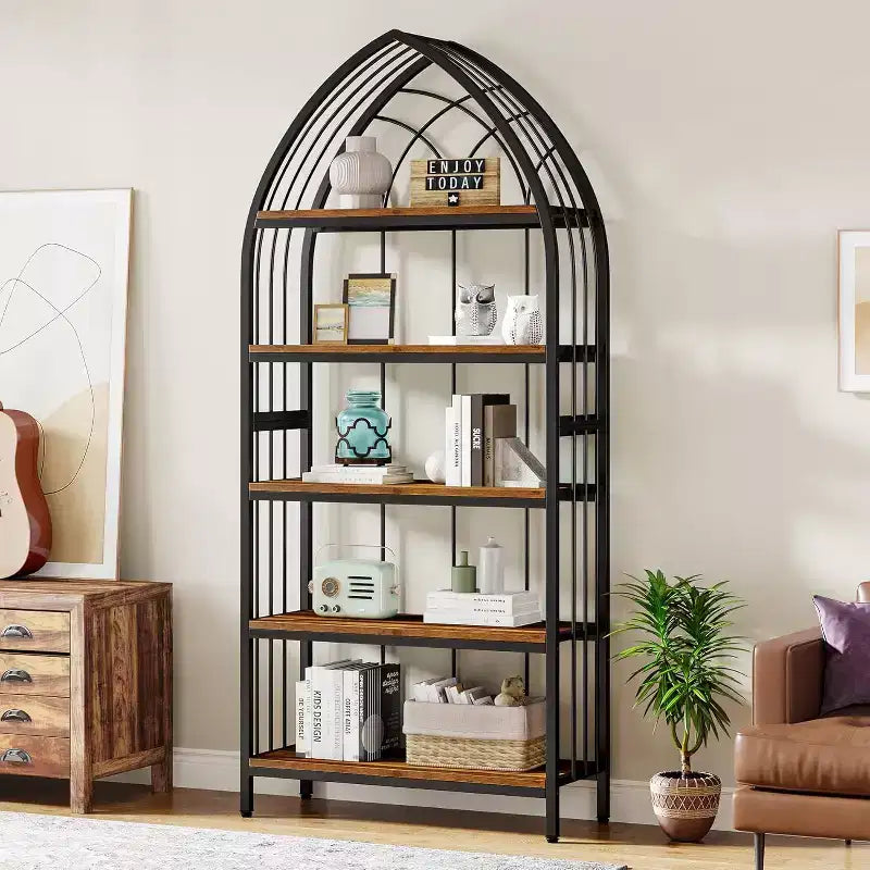 Étagère Lantine à 5 niveaux, bibliothèque haute de 190 cm, étagère de présentation industrielle incurvée autoportante pour le salon, le bureau à domicile