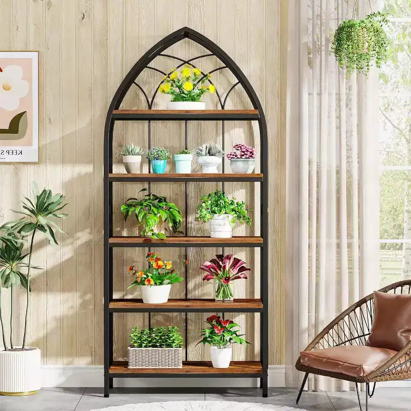 Étagère Lantine à 5 niveaux, bibliothèque haute de 190 cm, étagère de présentation industrielle incurvée autoportante pour le salon, le bureau à domicile
