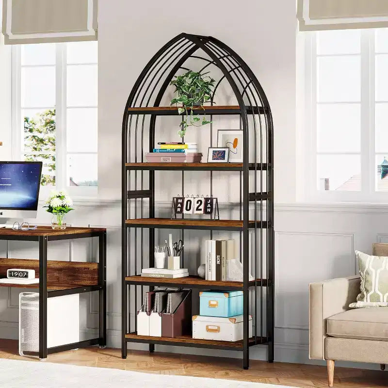 Étagère Lantine à 5 niveaux, bibliothèque haute de 190 cm, étagère de présentation industrielle incurvée autoportante pour le salon, le bureau à domicile