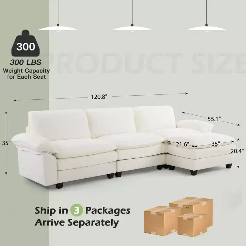 Canapé sectionnel EROMMY 120,8 po, canapé en L convertible, canapés et divans rembourrés avec pouf mobile pour salon et bureau, beige