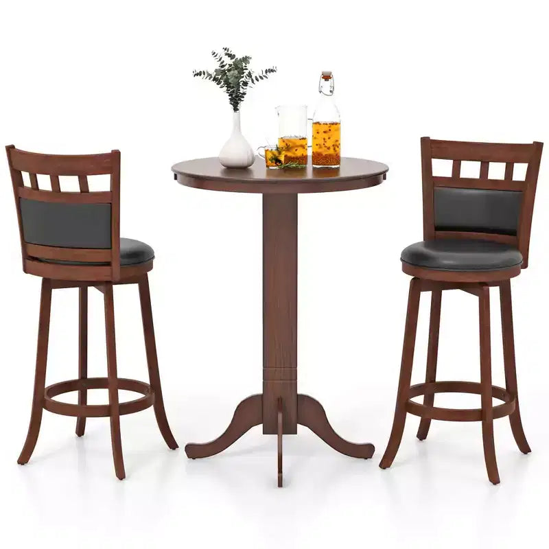 Ensemble de 3 pièces de salle à manger/bar Costway, table en bois avec base piédestal et 2 tabourets pivotants rembourrés