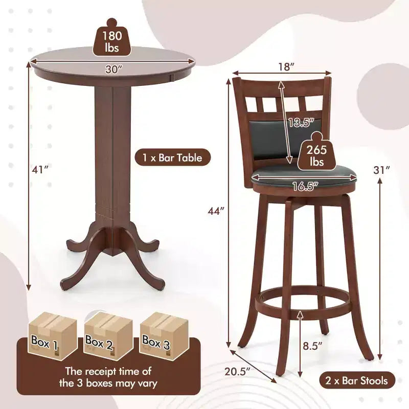 Ensemble de 3 pièces de salle à manger/bar Costway, table en bois avec base piédestal et 2 tabourets pivotants rembourrés
