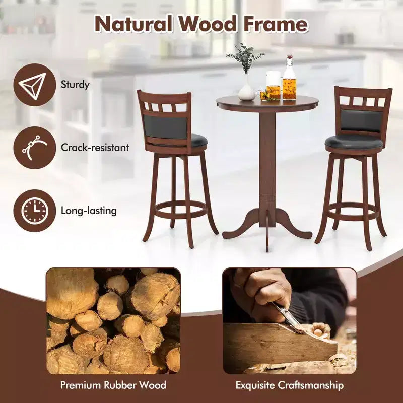 Ensemble de 3 pièces de salle à manger/bar Costway, table en bois avec base piédestal et 2 tabourets pivotants rembourrés
