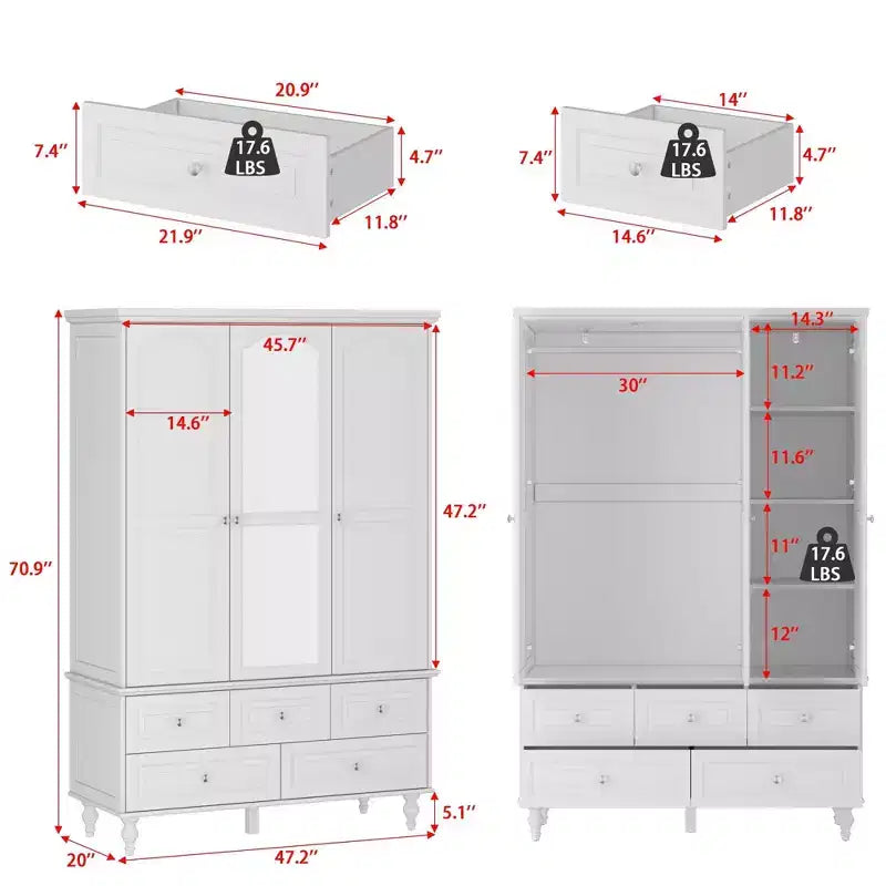 Armoire Famapy avec Miroir 3 Portes 5 Tiroirs Style Classique