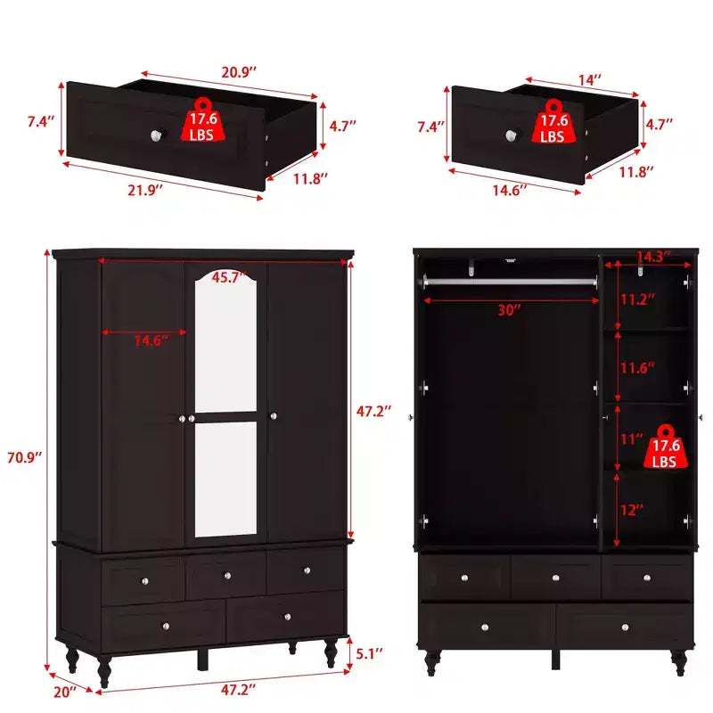 Armoire Famapy avec Miroir 3 Portes 5 Tiroirs Style Classique