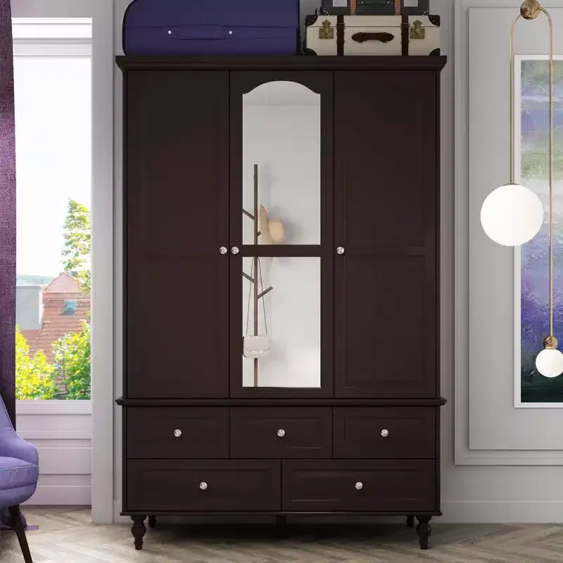 Famapy Wardrobe with Mirror 3 Doors 5 Drawers Classic Style