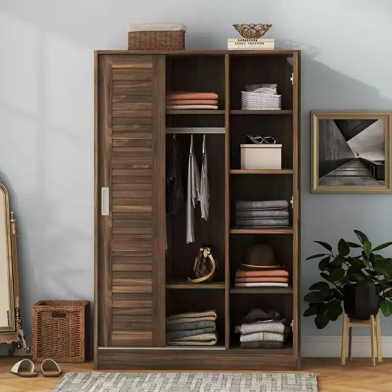 Armoire de chambre 3 portes Whisen Wood avec tringle de penderie et étagères de rangement