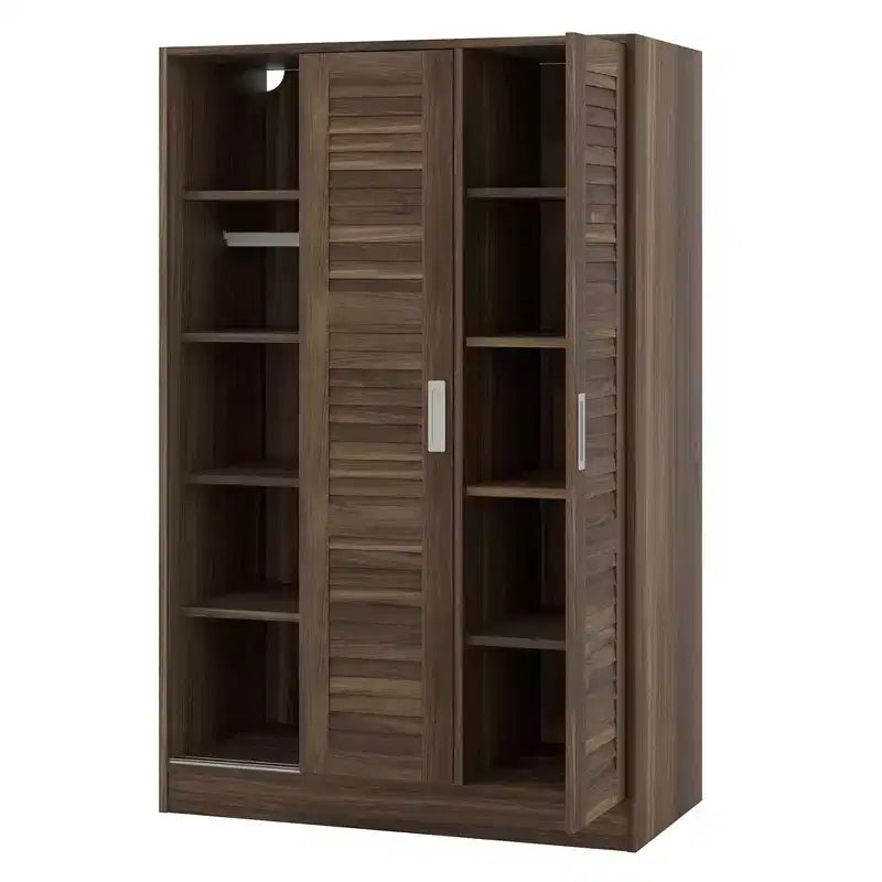Armoire de chambre 3 portes Whisen Wood avec tringle de penderie et étagères de rangement