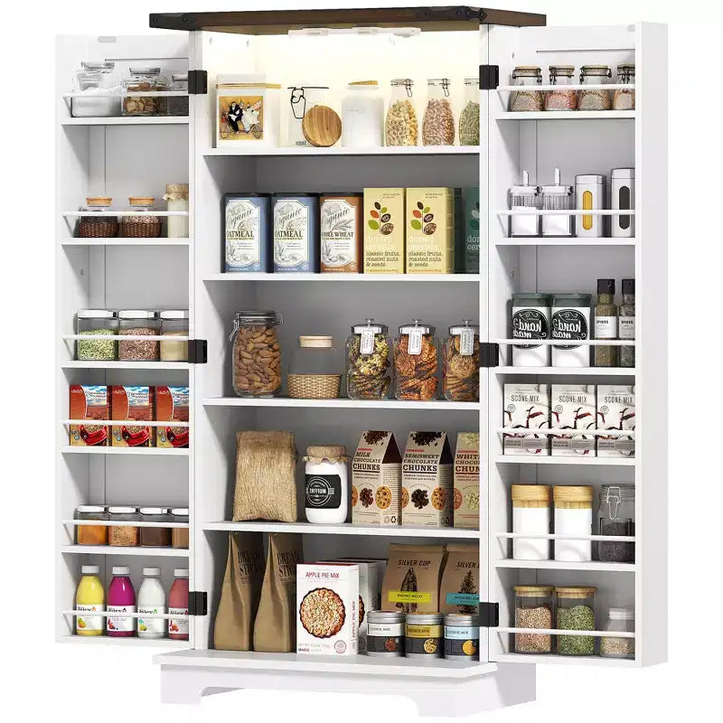 HOMCOM Armoire de Cuisine 120 cm avec éclairage LED intelligent, Buffet de Rangement de Ferme avec Portes, 2 Étagères Réglables et 12 Compartiments de Porte, Blanc