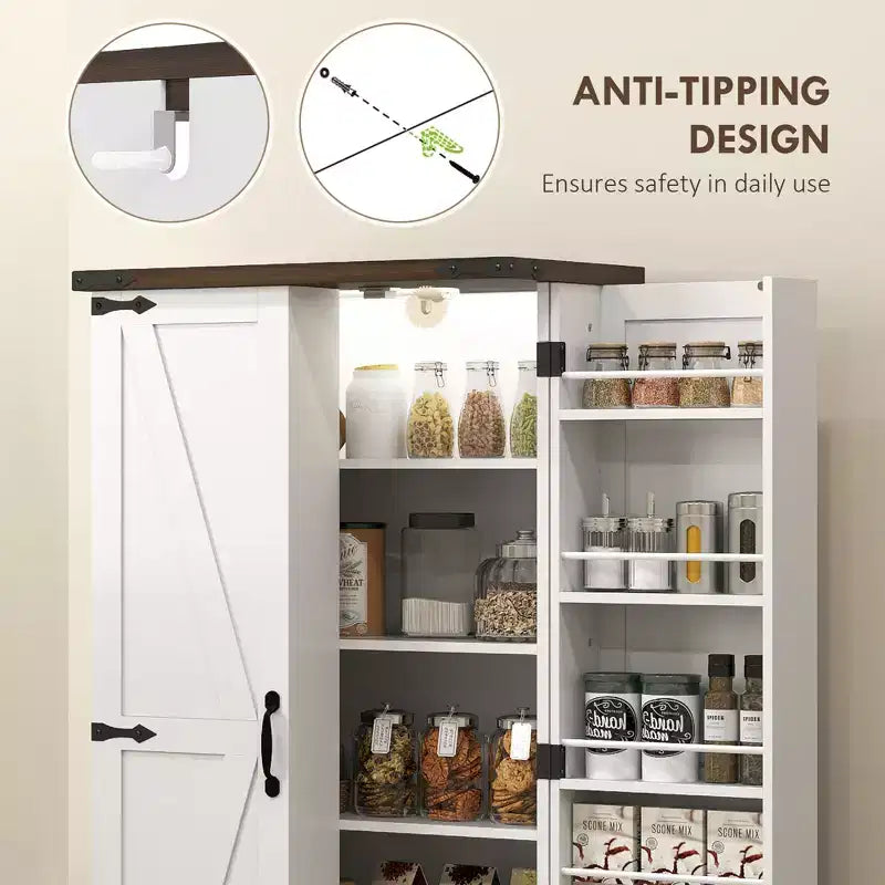 HOMCOM Armoire de Cuisine 120 cm avec éclairage LED intelligent, Buffet de Rangement de Ferme avec Portes, 2 Étagères Réglables et 12 Compartiments de Porte, Blanc