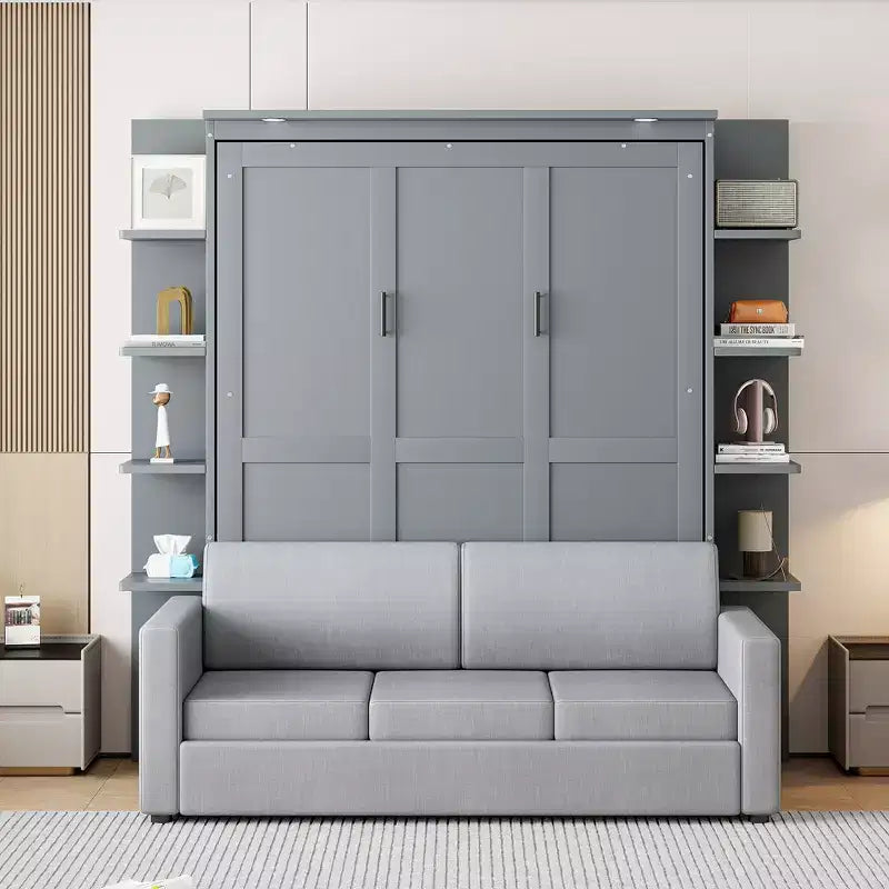 Lit escamotable mural Whisen Modern Design Queen size en bois avec canapé et étagères