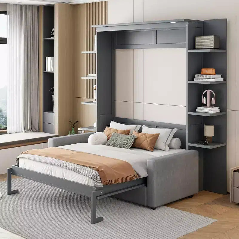 Whisen Modern Design Wood Frame Queen Size Murphy Bed Wall Bed with Sofa and Shelves