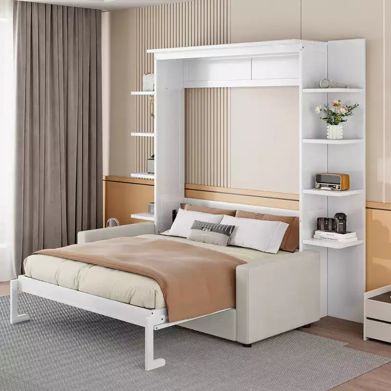 Lit escamotable mural Whisen Modern Design Queen size en bois avec canapé et étagères
