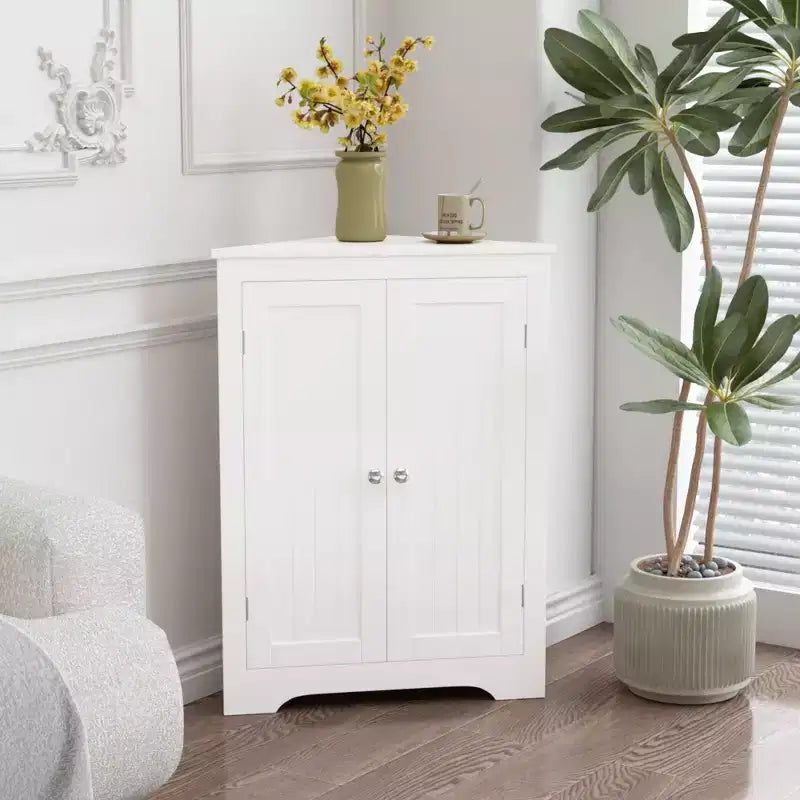 MAYEERTY White Floor Corner Cabinet with 2 Doors & Adjustable Shelves for Bathroom Kitchen Living Room