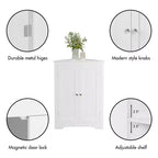 MAYEERTY Meuble d'angle blanc à deux portes avec étagères réglables pour salle de bain, cuisine, salon