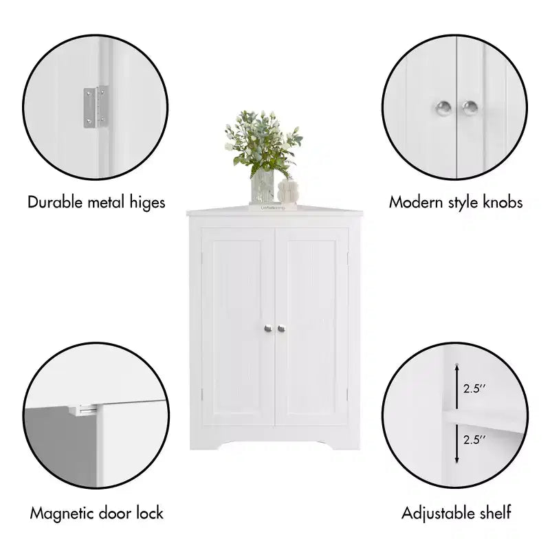MAYEERTY Meuble d'angle blanc à deux portes avec étagères réglables pour salle de bain, cuisine, salon