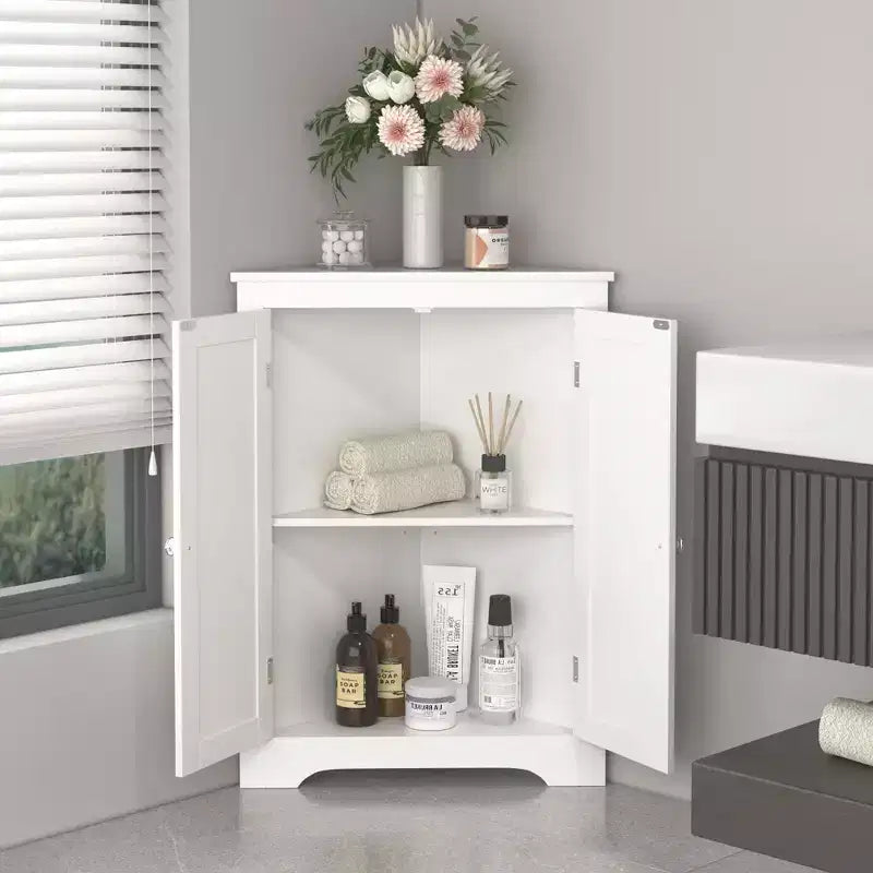 MAYEERTY Meuble d'angle blanc à deux portes avec étagères réglables pour salle de bain, cuisine, salon