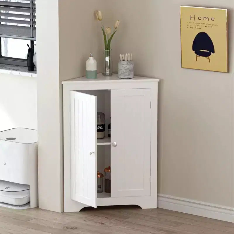 MAYEERTY Meuble d'angle blanc à deux portes avec étagères réglables pour salle de bain, cuisine, salon