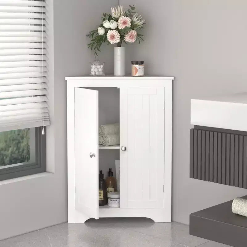 MAYEERTY Meuble d'angle blanc à deux portes avec étagères réglables pour salle de bain, cuisine, salon