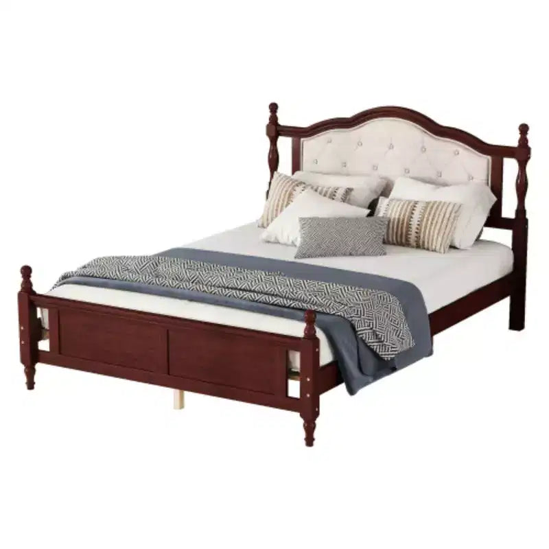 Lit queen en pin avec tête de lit capitonnée, pied de lit à panneaux et pieds de soutien