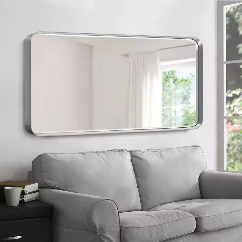 Miroir mural rectangulaire en alliage d'aluminium avec bords doux et arrondis et galvanoplastie argentée