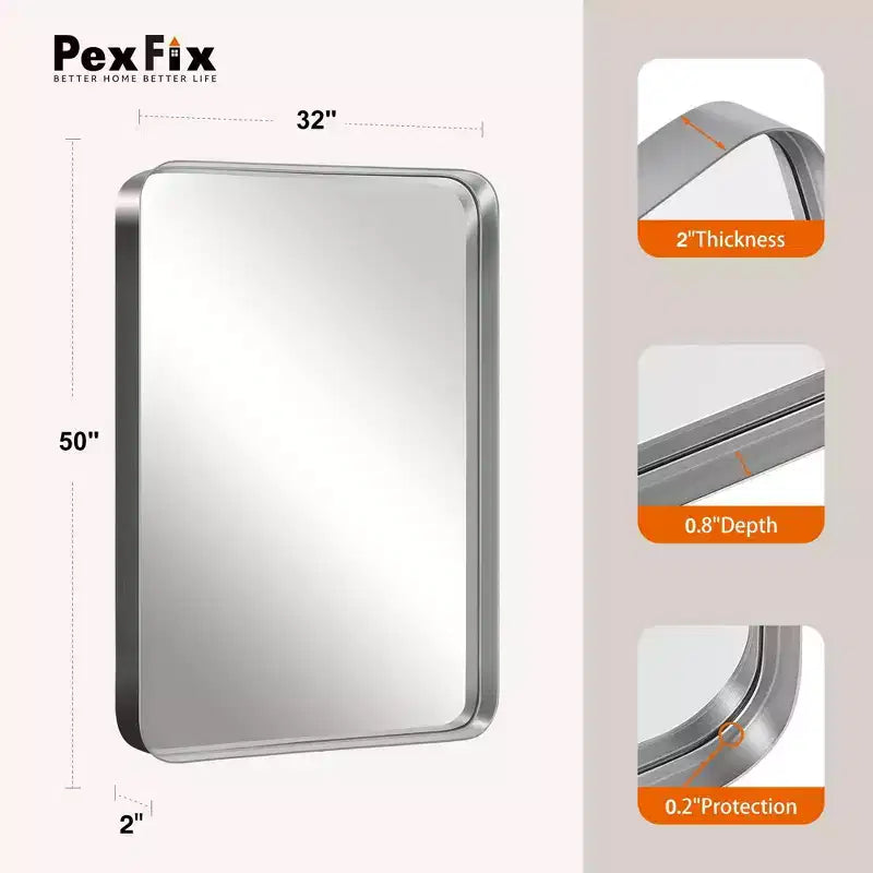 Miroir mural rectangulaire en alliage d'aluminium avec bords doux et arrondis et galvanoplastie argentée
