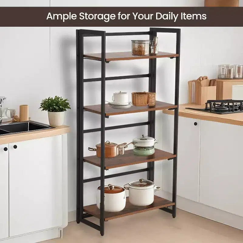 Étagère industrielle, bibliothèque pliante, étagère échelle à 4 niveaux, meuble d'appoint aspect bois avec cadre métallique, pour bureau à domicile