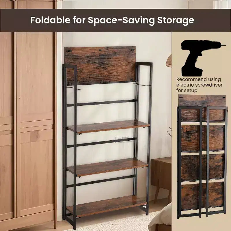 Étagère industrielle, bibliothèque pliante, étagère échelle à 4 niveaux, meuble d'appoint aspect bois avec cadre métallique, pour bureau à domicile