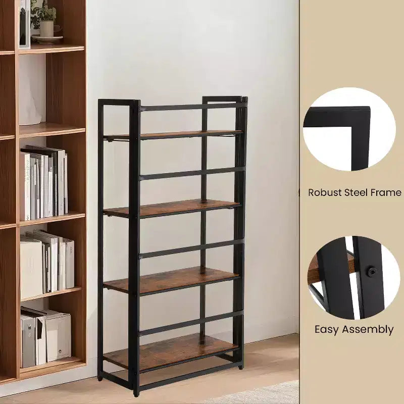 Étagère industrielle, bibliothèque pliante, étagère échelle à 4 niveaux, meuble d'appoint aspect bois avec cadre métallique, pour bureau à domicile