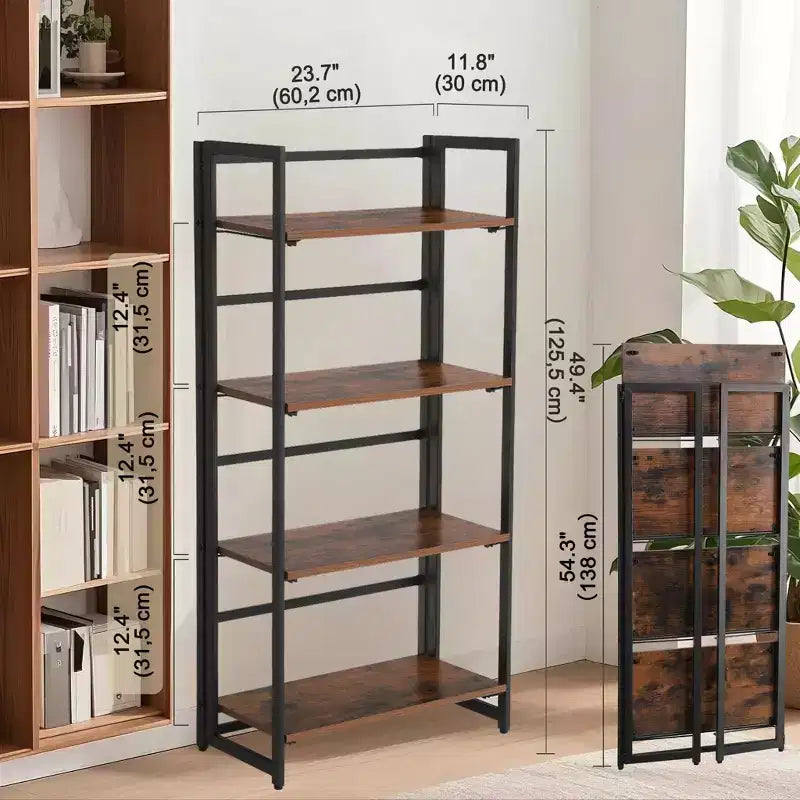 Étagère industrielle, bibliothèque pliante, étagère échelle à 4 niveaux, meuble d'appoint aspect bois avec cadre métallique, pour bureau à domicile