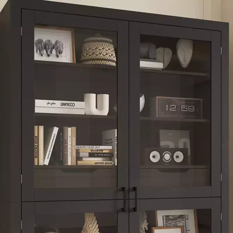Bibliothèque Famapy noire de style moderne avec portes en verre à succion magnétique et tiroirs intérieurs