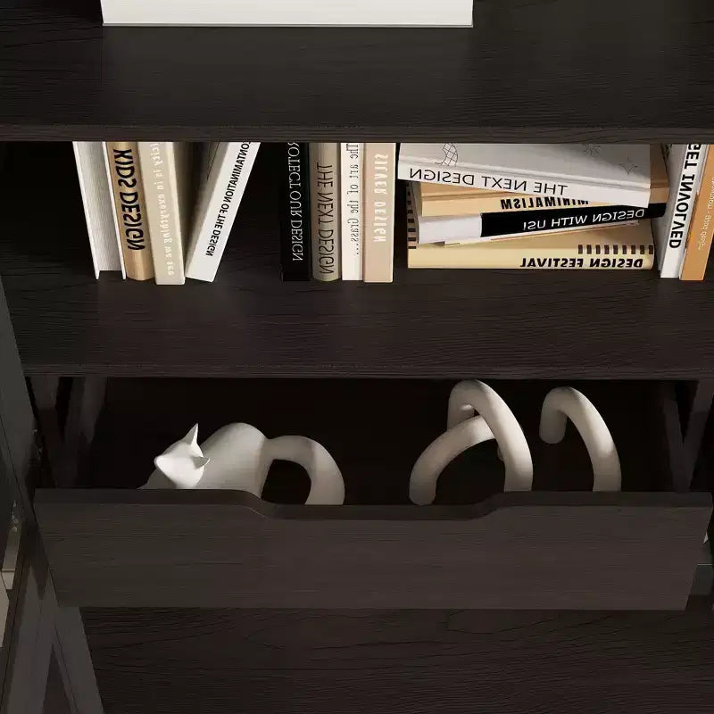 Bibliothèque Famapy noire de style moderne avec portes en verre à succion magnétique et tiroirs intérieurs