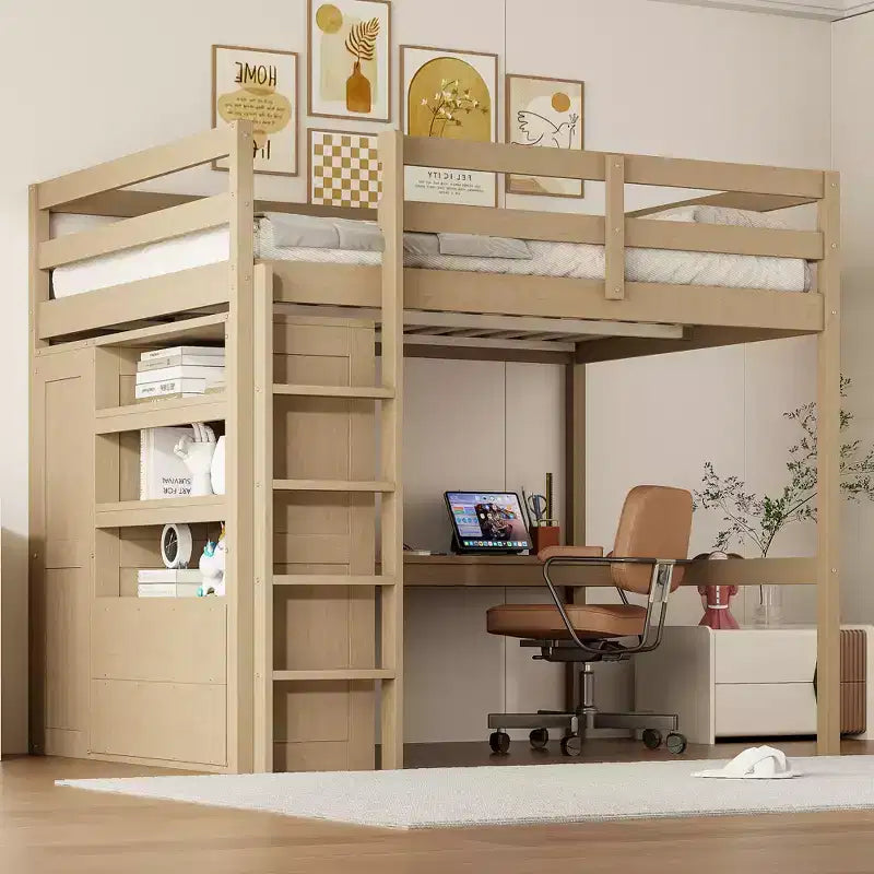 Lit mezzanine pleine grandeur Whisen 79,5''L x 56,9''l en bois avec armoire, bureau, étagères de rangement et tiroirs intégrés