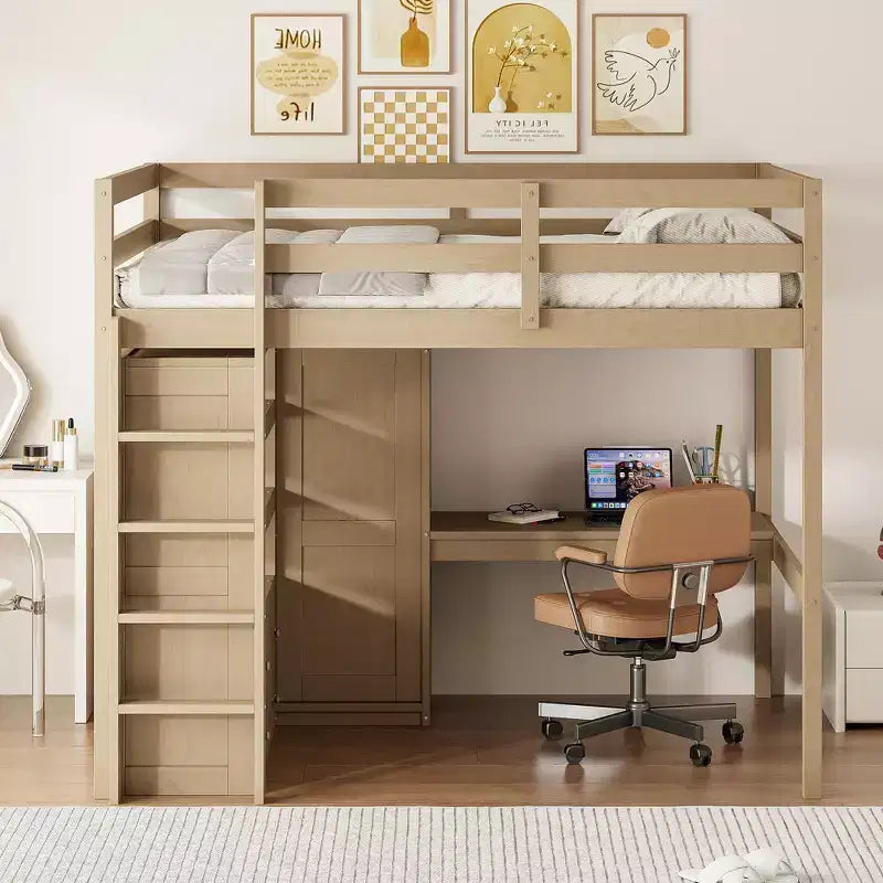Lit mezzanine pleine grandeur Whisen 79,5''L x 56,9''l en bois avec armoire, bureau, étagères de rangement et tiroirs intégrés