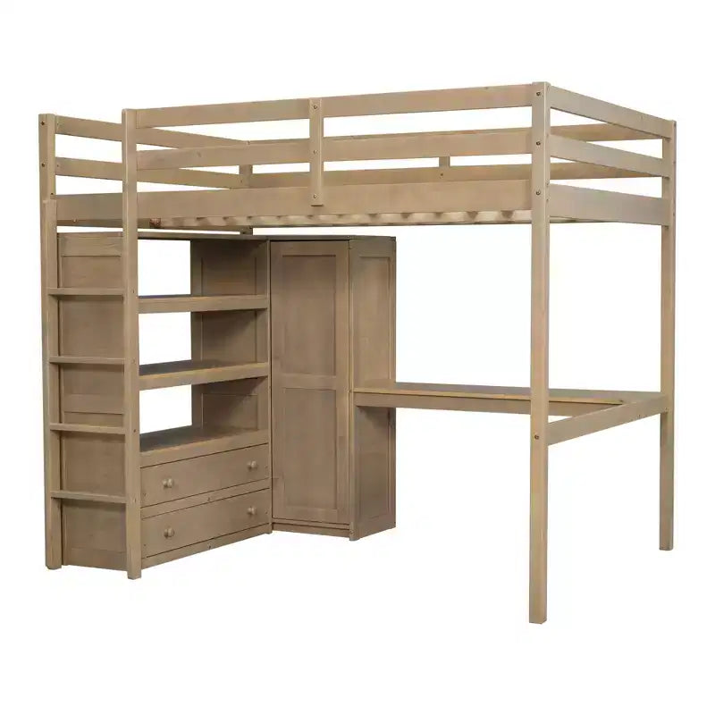 Lit mezzanine pleine grandeur Whisen 79,5''L x 56,9''l en bois avec armoire, bureau, étagères de rangement et tiroirs intégrés