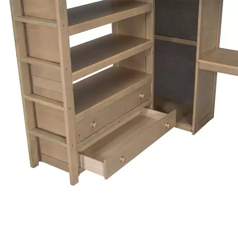 Lit mezzanine pleine grandeur Whisen 79,5''L x 56,9''l en bois avec armoire, bureau, étagères de rangement et tiroirs intégrés