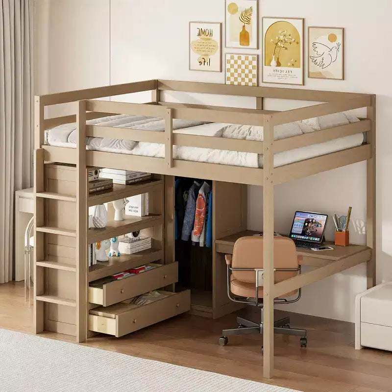Whisen 79.5''L x 56.9''W Wood Full Size Loft Bed with Built-in Wardrobe, Desk, Storage Shelves and Drawers