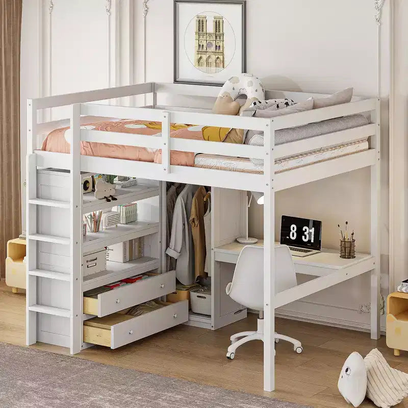 Lit mezzanine pleine grandeur Whisen 79,5''L x 56,9''l en bois avec armoire, bureau, étagères de rangement et tiroirs intégrés
