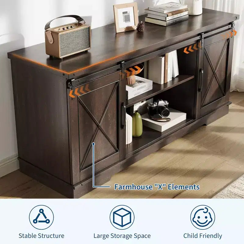 Meuble TV de ferme pour téléviseur de 65 pouces, meuble de divertissement avec portes coulissantes de grange et étagère réglable, armoire de rangement pour salon, chambre à coucher