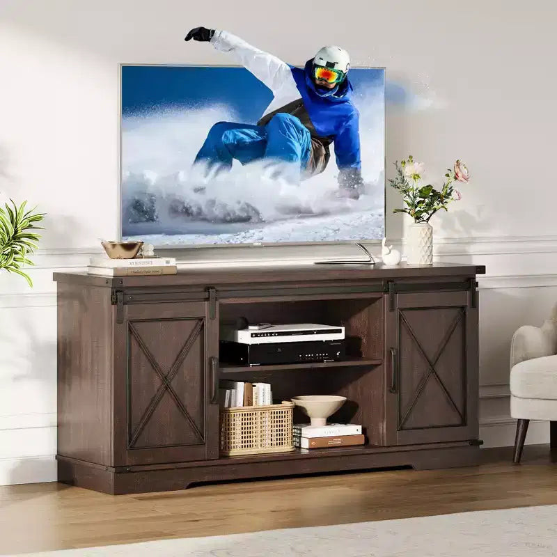 Farmhouse Tv Stand for 65 Inch TV, Entertainment Center with Sliding Barn Doors and Adjustable Shelf, Storage Cabinet for Living Room, Bedroom