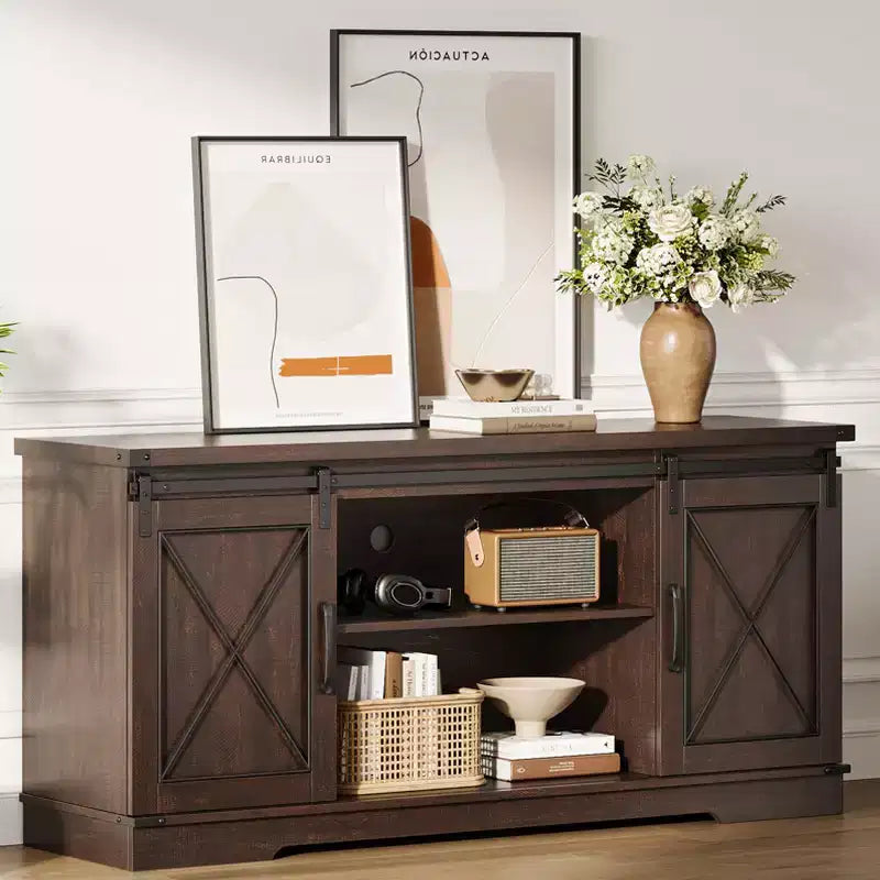 Meuble TV de ferme pour téléviseur de 65 pouces, meuble de divertissement avec portes coulissantes de grange et étagère réglable, armoire de rangement pour salon, chambre à coucher