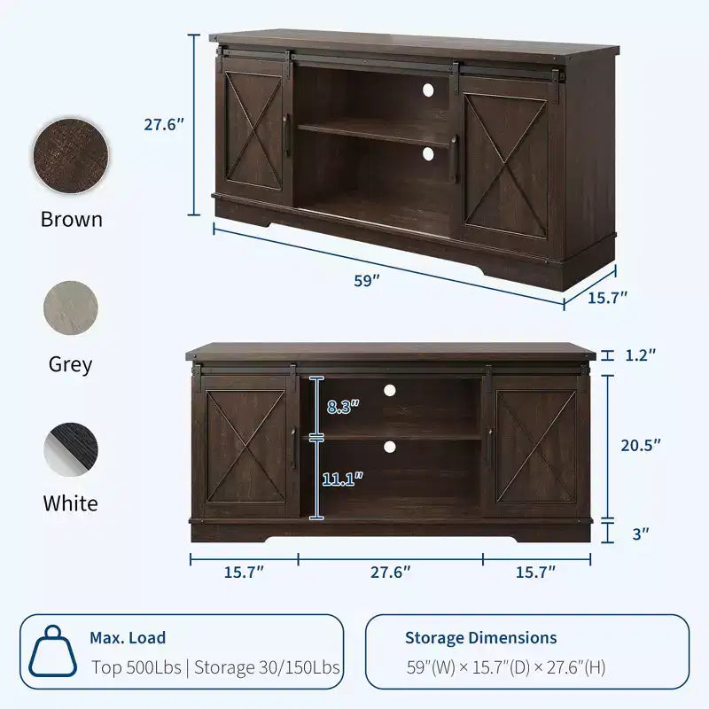 Meuble TV de ferme pour téléviseur de 65 pouces, meuble de divertissement avec portes coulissantes de grange et étagère réglable, armoire de rangement pour salon, chambre à coucher